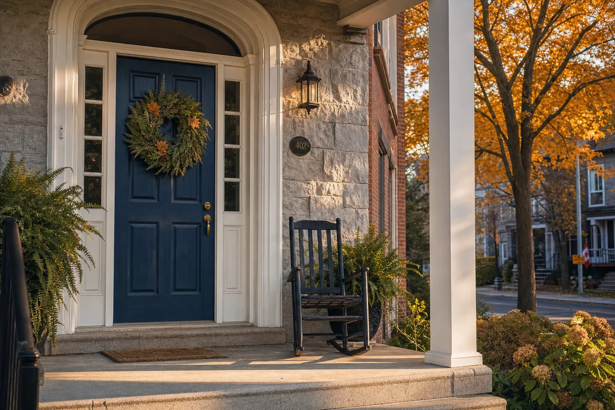 A quiet Canadian home front porch with autumn light